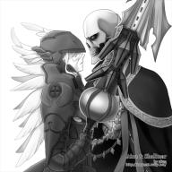 artist:aken character:ainz_ooal_gown character:shalltear_bloodfallen copyright:overlord_(maruyama) general:1boy general:1girl general:armor general:looking_at_another general:robe general:skeleton general:undead general:vampire general:weapon general:wings metadata:monochrome tagme technical:grabber // 600x600 // 173.8KB