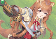 artist:miri_(ago550421) character:raphtalia copyright:tate_no_yuusha_no_nariagari general:1girl general:animal_ear_fluff general:animal_ears general:arm_guards general:armor general:belt general:blunt_bangs general:breastplate general:brown_belt general:brown_eyes general:brown_gloves general:brown_hair general:drawing_sword general:dress general:gloves general:grass general:holding general:holding_sword general:holding_weapon general:long_hair general:looking_at_viewer general:neck_ribbon general:open_mouth general:outdoors general:raccoon_ears general:raccoon_girl general:raccoon_tail general:red_ribbon general:ribbon general:sheath general:short_dress general:shoulder_armor general:sidelocks general:solo general:sword general:tail general:unsheathing general:weapon meta:commentary_request technical:grabber // 1169x827 // 1009.0KB