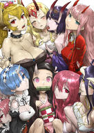 artist:haraya_manawari character:albedo character:bowsette character:ibaraki_douji_(fategrand_order) character:kamado_nezuko character:lucy_(elfen_lied) character:ram_(re:zero) character:rem_(re:zero) character:shuten_douji_(fategrand_order) character:zero_two_(darling_in_the_franxx) copyright:darling_in_the_franxx copyright:elfen_lied copyright:fategrand_order copyright:fate_(series) copyright:kimetsu_no_yaiba copyright:mario_(series) copyright:new_super_mario_bros._u_deluxe copyright:overlord_(maruyama) copyright:re:zero_kara_hajimeru_isekai_seikatsu general:6+girls general:ahoge general:bamboo general:bangs general:bare_shoulders general:bit_gag general:biting general:black_collar general:black_hair general:blonde_hair general:blue_eyes general:blue_hair general:blunt_bangs general:blush general:bracelet general:breasts general:claw_pose general:cleavage general:collar general:collarbone general:crossover general:crown general:detached_sleeves general:dress general:earrings general:eyebrows_visible_through_hair general:fangs general:frills general:gag general:green_eyes general:hair_between_eyes general:hair_ornament general:hair_over_one_eye general:half-closed_eye general:horn general:horns general:japanese_clothes general:jewelry general:kimono general:large_breasts general:licking general:long_hair general:looking_at_viewer general:maid general:maid_headdress general:medium_breasts general:multiple_crossover general:multiple_girls general:one_eye_closed general:oni general:oni_horns general:open_mouth general:parted_lips general:pink_eyes general:pink_hair general:pointy_ears general:ponytail general:purple_hair general:red_eyes general:ribbon general:sharp_teeth general:short_hair general:sideboob general:spiked_bracelet general:spiked_collar general:spikes general:super_crown general:tattoo general:teeth general:tongue general:tongue_out general:trait_connection general:wide_sleeves general:x_hair_ornament general:yellow_eyes meta:commentary meta:english_commentary tagme technical:grabber // 744x1052 // 781.4KB