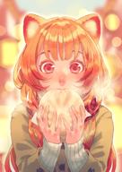 artist:minami_seira character:raphtalia copyright:tate_no_yuusha_no_nariagari general:1girl general:abstract_background general:animal_ears general:baozi general:brown_hair general:cardigan general:eating general:food general:holding general:holding_food general:long_hair general:raccoon_ears general:raccoon_girl general:red_eyes general:scarf general:signature general:solo meta:commentary_request meta:highres technical:grabber // 1226x1734 // 226.2KB