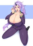 artist:niwatora character:shion_(tensei_shitara_slime_datta_ken) copyright:tensei_shitara_slime_datta_ken general:1girl general:alternate_breast_size general:belt general:black_footwear general:black_horns general:blush general:breasts general:cleavage general:fang general:formal general:gigantic_breasts general:green_shirt general:horns general:jacket general:light_brown_hair general:long_hair general:long_sleeves general:looking_at_viewer general:mismatched_eyebrows general:oni general:oni_horns general:open_mouth general:pants general:ponytail general:purple_eyes general:purple_jacket general:purple_nails general:purple_pants general:purple_suit general:shirt general:short_eyebrows general:single_horn general:skin_fang general:solo general:suit general:sweat general:very_long_hair meta:highres technical:grabber // 1570x2220 // 1.7MB