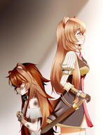 artist:zasshu character:raphtalia copyright:tate_no_yuusha_no_nariagari general:1girl general:age_progression general:animal_ears general:armor general:back-to-back general:bare_shoulders general:breastplate general:brown_gloves general:brown_hair general:cuffs general:dirty general:dual_persona general:gloves general:hand_on_own_chest general:long_hair general:long_sleeves general:looking_down general:looking_up general:puffy_long_sleeves general:puffy_sleeves general:raccoon_ears general:raccoon_girl general:raccoon_tail general:red_eyes general:shaded_face general:shirt general:smile general:sword general:tail general:tattoo general:very_long_hair general:weapon general:white_shirt meta:absurdres meta:commentary_request meta:highres technical:grabber // 2760x3600 // 1.5MB