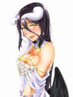 artist:magekichi character:albedo copyright:madhouse copyright:overlord_(maruyama) general:black_hair general:black_wings general:blush general:breasts general:cleavage general:demon_girl general:detached_collar general:detached_sleeves general:dress general:fringe general:girl general:gloves general:hair_between_eyes general:hand_on_face general:happy general:horn_(horns) general:large_breasts general:light_erotic general:long_hair general:looking_at_viewer general:open_mouth general:simple_background general:single general:tall_image general:upper_body general:white_background general:white_dress general:white_gloves general:wings general:yellow_eyes tagme technical:grabber // 600x800 // 57.3KB