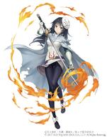 artist:ji_no character:izawa_shizue copyright:sinoalice copyright:square_enix copyright:tensei_shitara_slime_datta_ken general:1girl general:black_eyes general:black_hair general:cape general:crossover general:fire general:full_body general:gloves general:holding general:holding_sword general:holding_weapon general:long_hair general:looking_at_viewer general:mask general:mask_on_head general:official_art general:smile general:solo general:sword general:torn_cape general:torn_clothes general:weapon general:white_background general:white_gloves meta:highres technical:grabber // 942x1200 // 196.2KB