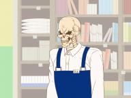 artist:imaani character:ainz_ooal_gown character:honda-san copyright:gaikotsu_shotenin_honda-san copyright:overlord_(maruyama) general:1other general:apron general:blue_apron general:book general:bookshelf general:indoors general:long_sleeves general:shirt general:skeleton general:uniform general:upper_body general:white_shirt medium:4:3_aspect_ratio medium:high_resolution medium:trait_connection tagme technical:grabber // 1600x1200 // 442.0KB