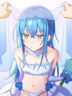 artist:abbbikun character:rimuru_tempest copyright:tensei_shitara_slime_datta_ken deprecated:looking_away general:1girl general:1other general:blue_flower general:blue_hair general:blue_rose general:blush general:collarbone general:colored_eyelashes general:detached_collar general:dress general:elbow_gloves general:flat_chest general:flower general:gloves general:hair_between_eyes general:long_hair general:midriff general:navel general:panties general:rose general:sweat general:swimsuit general:underwear general:veil general:veil_lift general:very_long_hair general:wedding_dress general:wedding_lingerie general:white_gloves general:white_panties general:yellow_eyes meta:highres technical:grabber // 1051x1400 // 181.2KB