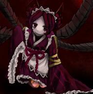 character:entoma_vasilissa_zeta copyright:overlord_(maruyama) general:1girl general:antennae general:dress general:insect_girl general:japanese_clothes general:kimono general:kneeling general:mask general:mask_on_head general:monster_girl general:red_background general:red_dress general:red_eyes general:sleeves_past_wrists general:smile general:spider_girl general:talismans general:tentacle general:white_frills metadata:tagme tagme technical:grabber // 972x976 // 109.8KB